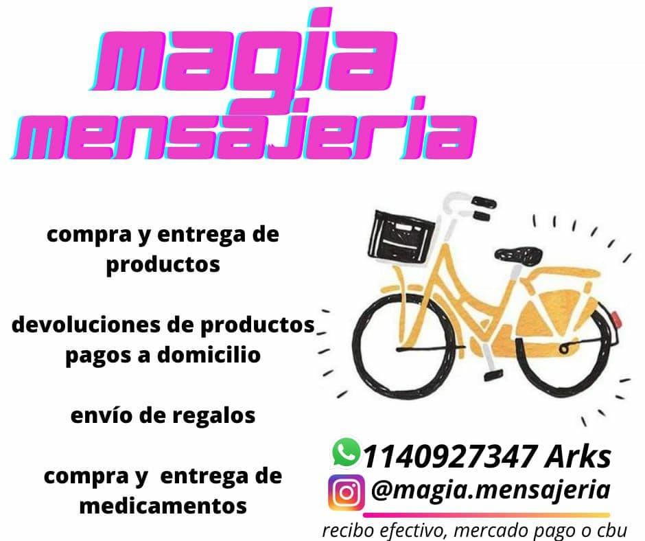 Bicimensajería, Compra y entrega de productos. Devoluciones de productos, pagos a domicilio, envío de regalos, compra y entrega de medicamentos. whatsapp: 11 40927347 Recibe pagos en efectivo, mercadopago o CBU.